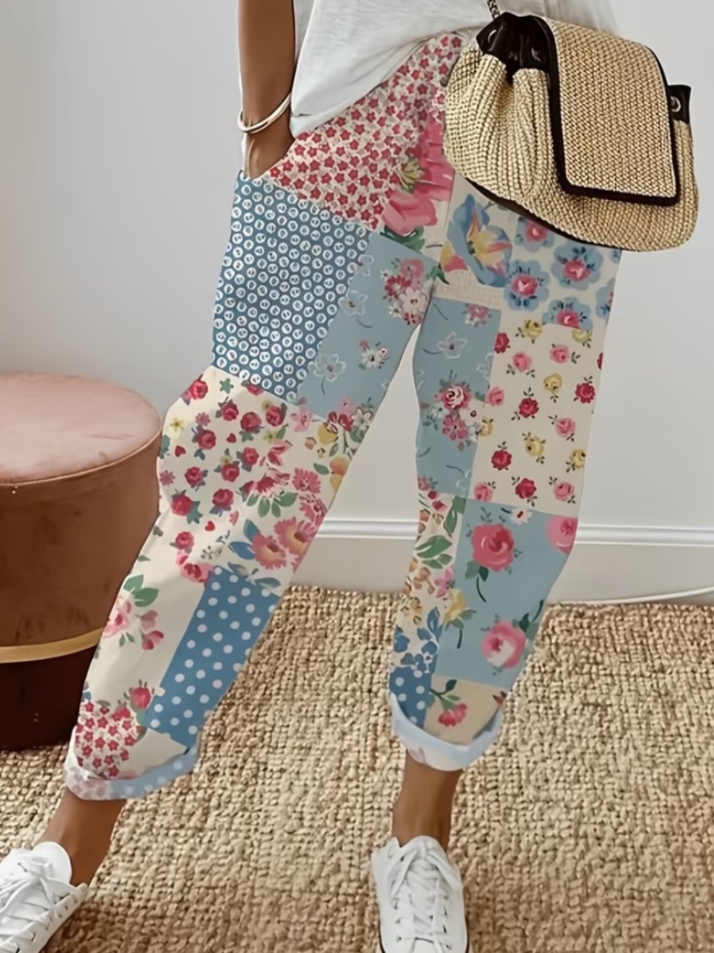 Patchwork Floral Trouser Pants Blue, Cream & Pink Elastic Waist Women’s XXL NWT